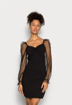 Even&Odd Long Puff Sleeves Rushing Bodycon Dress - Robe De Soirée - Black